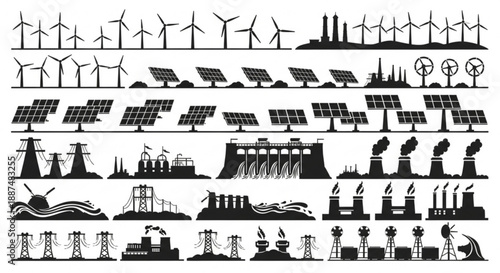 Black and white renewable energy silhouettes arranged in vector rows
