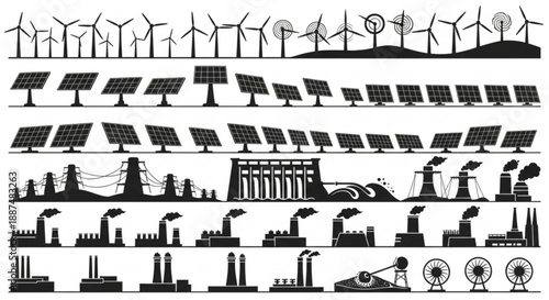 Black and white renewable energy silhouettes arranged in vector rows