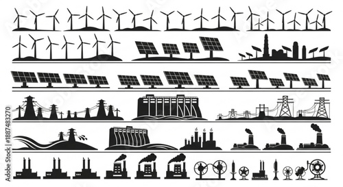 Black and white renewable energy silhouettes arranged in vector rows