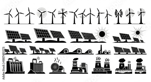 Black and white renewable energy silhouettes arranged in vector rows