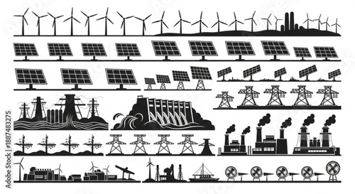 Black and white renewable energy silhouettes arranged in vector rows