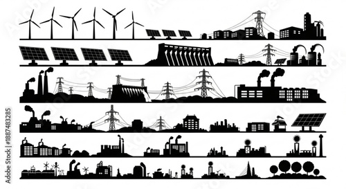 Black and white renewable energy silhouettes arranged in vector rows
