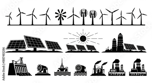 Black and white renewable energy silhouettes arranged in vector rows