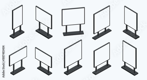 Selection of blank outdoor billboard and advertising sign mockups shown from different isometric angles in black and white vector.