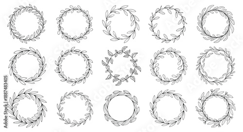 Collection of fifteen unique hand-drawn circular floral wreaths in black and white line art for elegant framing and organic branding.