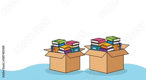 Two cardboard boxes filled to the brim with colorful books of various sizes representing moving day, library storage, or school.