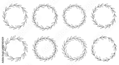 Delicate hand-drawn floral wreaths with intricate leaves and branches, suitable for elegant wedding stationery and minimalist decorative design.