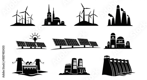 Black and white renewable energy silhouettes arranged in vector rows