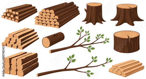 Versatile set of illustrations showing various types of wood logs, tree stumps, timber planks, and green branches for construction or nature themes.
