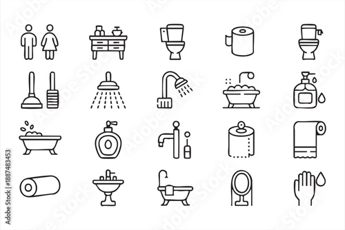 Toilet and Washroom Line Icons for App Design, Service Interfaces
