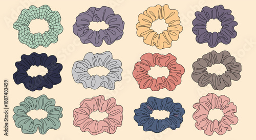 Selection of colorful fabric hair scrunchies in various shades and patterns, illustrating a trendy and practical hair accessory for daily use.