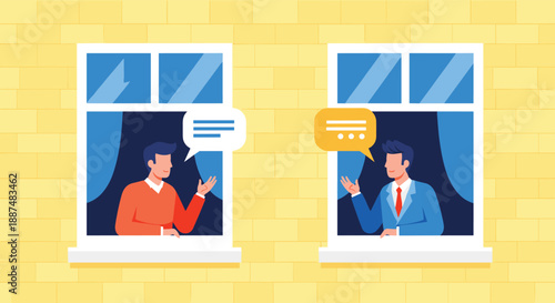 Two professional businessmen communicating through apartment windows with speech bubbles, representing social distancing and modern remote work.
