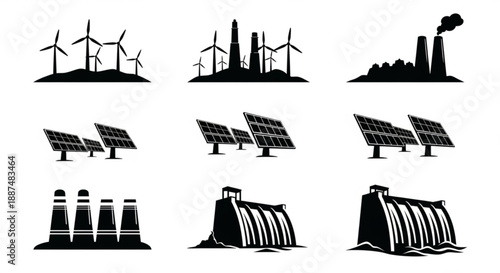 Black and white renewable energy silhouettes arranged in vector rows
