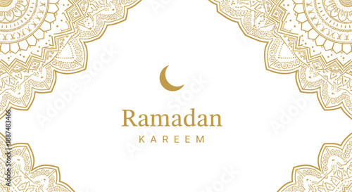 Ramadan Kareem elegant greeting card with golden Islamic ornamental frame crescent moon and luxury festive background design