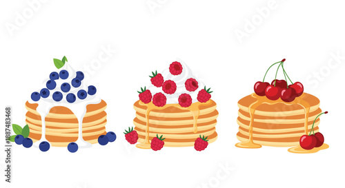 Delicious stack of breakfast pancakes topped with whipped cream and fresh berries including blueberries, raspberries, and cherries with syrup.
