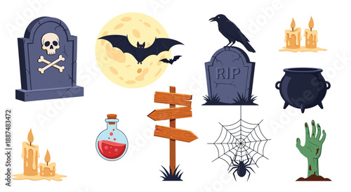 Extensive collection of spooky Halloween elements including a gravestone, bats, a crow, a cauldron, and zombie hands for holiday decorations.