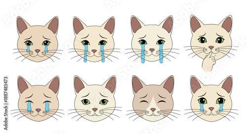 Heartbreaking set of sad cat face emojis with large crying eyes and flowing tears, perfectly capturing various levels of sorrow and distress.