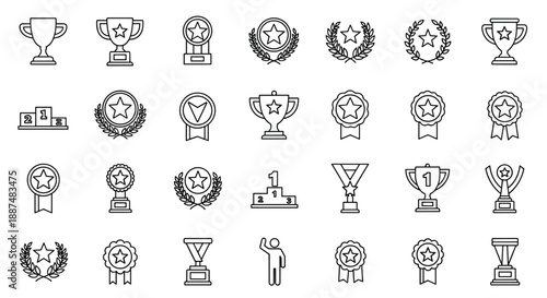 Large set of trophy and medal line icons representing various types of achievement, victory, and sports awards for winners and champions.