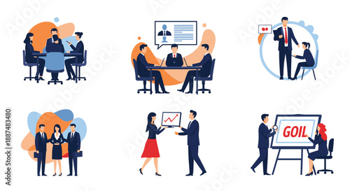 Collection of diverse business people participating in meetings, presentations, and collaborative teamwork within a modern office environment.