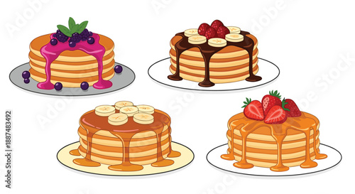 Variety of pancake stacks on plates served with different toppings like chocolate, honey, syrup, fresh strawberries, and sliced banana fruit.
