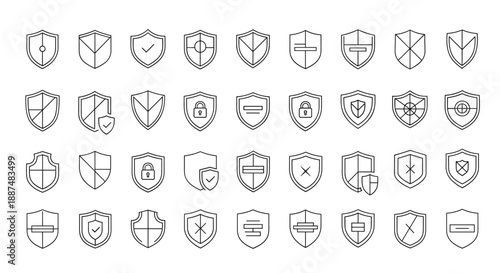 Large assortment of shield icons in a clean line-art style, representing various concepts of protection, security, data safety, and defense.