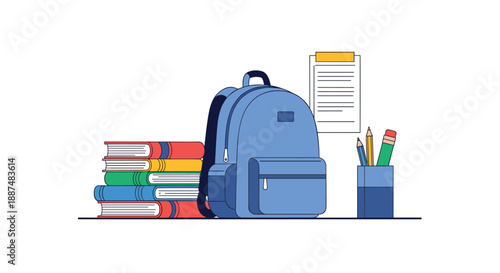 School essentials illustration featuring a blue backpack next to a stack of colorful books and a pencil holder filled with writing tools.