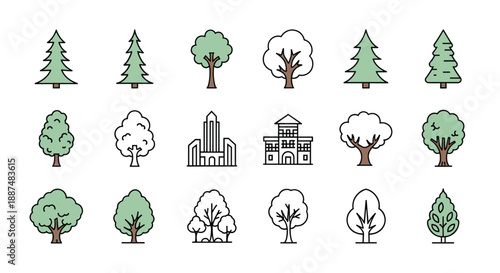 Grid of minimalist icons representing different types of trees and buildings in soft green and white tones for map design and urban graphics.