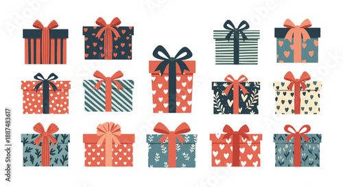 Set of fifteen colorful holiday gift boxes featuring various patterns like hearts stripes and florals tied with decorative bows and ribbons.