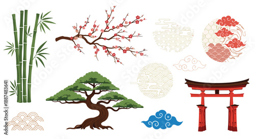 Traditional Japanese cultural elements including bamboo stalks cherry blossoms bonsai tree torii gate and various classic geometric patterns.