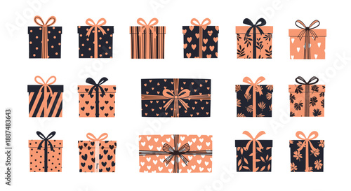 Collection of fifteen decorative gift boxes in peach and dark blue tones with various patterns like hearts and leaves for festive celebrations.