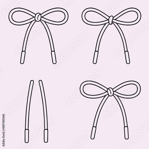Set of flat sketch vector icons for drawstring cords and bow knot drawcords with aglets for clothing isolated white background