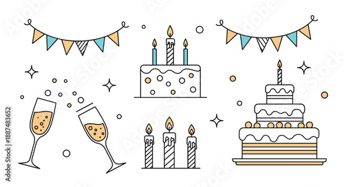 Festive line art icons in a minimalist style featuring birthday cakes with candles champagne glasses and celebratory party banner elements.