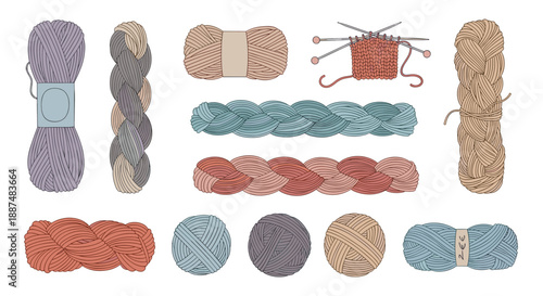 Assortment of colorful yarn balls skeins and knitting needles in various textures and shades for crafting and needlework hobby projects.