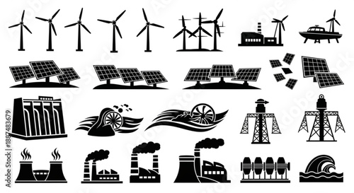 Black and white renewable energy silhouettes arranged in vector rows