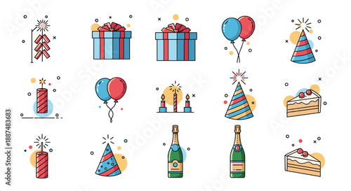 Colorful collection of party celebration icons including gift boxes balloons party hats firecrackers champagne bottles and cake slices.
