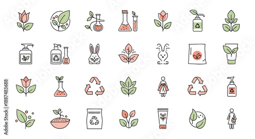 Grid of eco friendly and organic cosmetic icons featuring green leaves test tubes rabbits and universal recycling symbols for green brands.