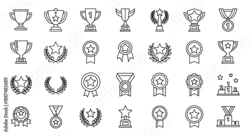 Grid of black and white line icons representing various awards including trophies medals laurel wreaths and winner podiums for sporting events.
