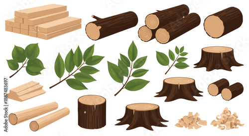 Comprehensive collection of wood elements including various logs lumber planks tree stumps green leaves and wood shavings for carpentry design.