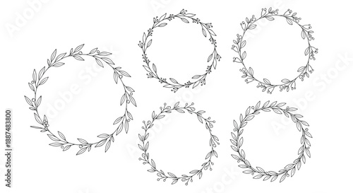 Set of delicate hand drawn floral wreaths with thin branches and leaves for elegant wedding invitations and branding designs.