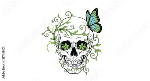 Artistic illustration of a human skull entwined with green vines and a blue butterfly perched on top representing life and death.