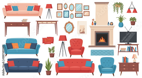 Collection of home furniture icons including sofas, armchairs, fireplaces, tables, mirrors, and indoor plants for interior design.