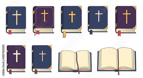 Multiple variations of a holy bible book with a cross on the cover shown in closed and open positions with ribbon page markers.