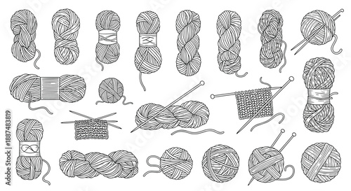 Extensive collection of hand-drawn sketches of yarn balls and knitting needles for hobby, craft, and textile manufacturing projects.