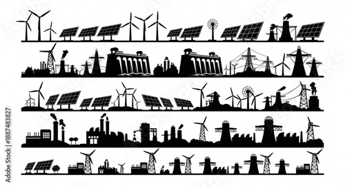 Black and white renewable energy silhouettes arranged in vector rows