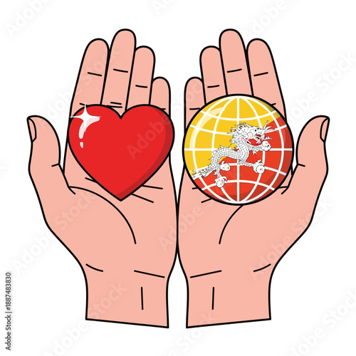 Open cupped hands gently holding a shiny red heart and a detailed globe icon representing the flag of Bhutan symbolizing care and international goodwill on white background
