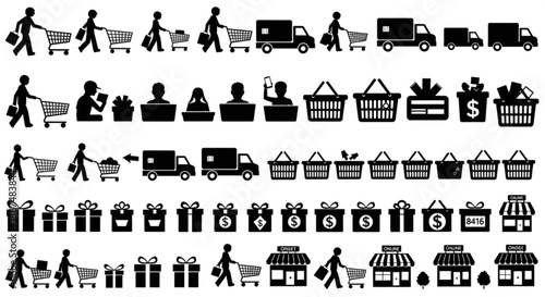 Black and white shopping and ecommerce silhouettes arranged in rows