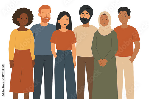 Diverse multinational community of multicultural people standing together, a vibrant flat vector illustration isolated white background