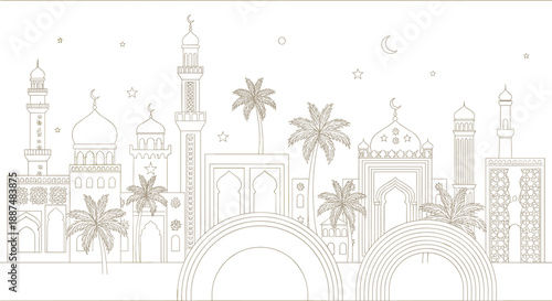 Islamic mosque skyline line art illustration with domes minarets palm trees crescent moon and elegant Middle Eastern architecture