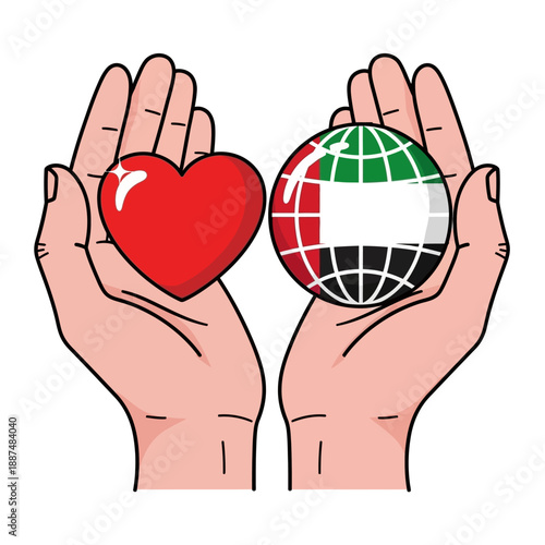 Two open hands gently cradle a bright red shining heart alongside a globe decorated with the United Arab Emirates flag emblem on white background