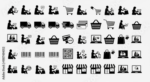 Black and white shopping and ecommerce silhouettes arranged in rows